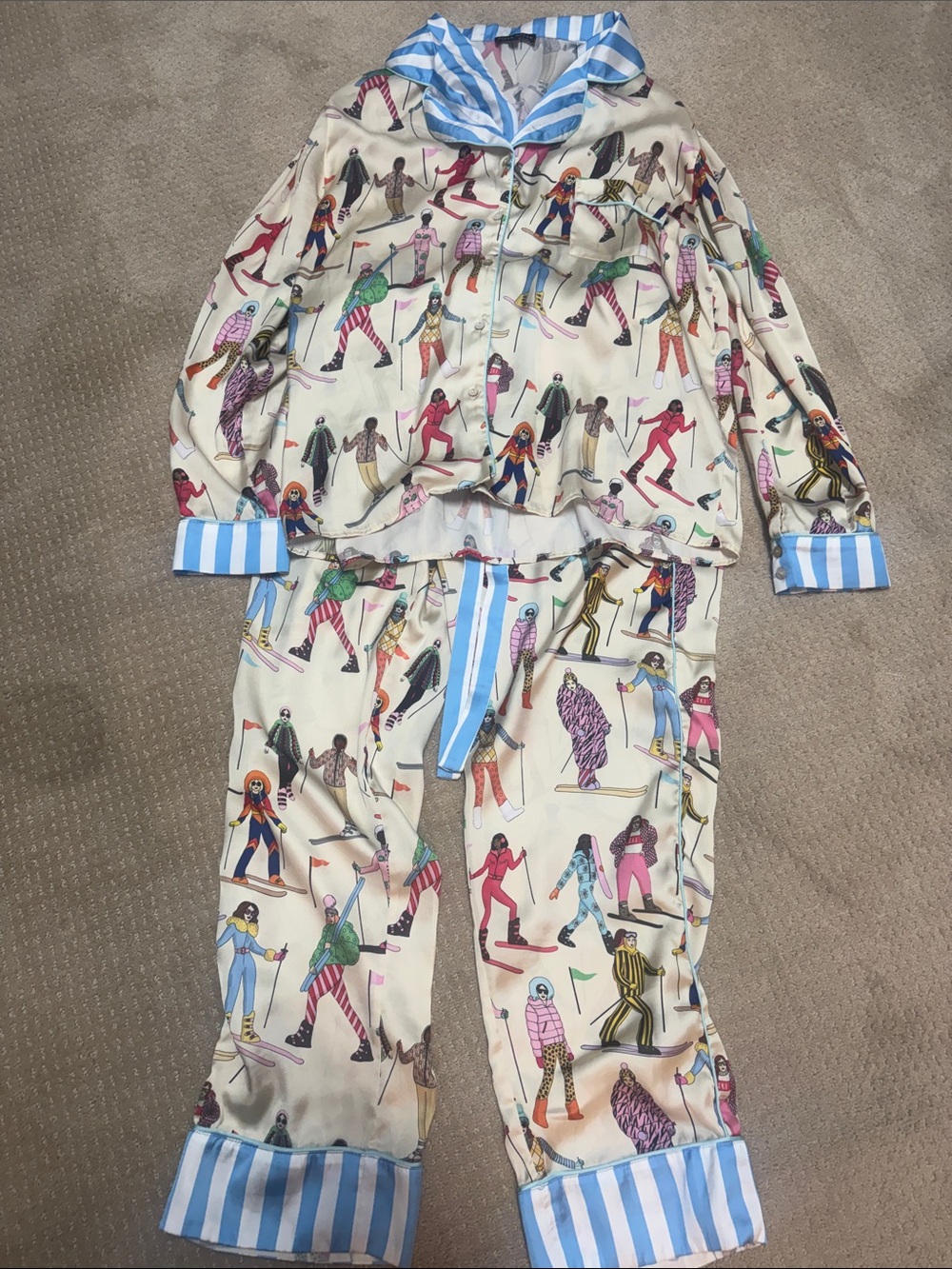Cream Ski-Print Pajama Set with Blue Stripe Trim